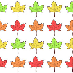 Seamless pattern with rows of cute hand drawn maple leaves, nice nature texture with canadian symbol for textile, wrapping paper, background, cover, surface, design