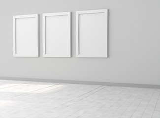 Interior empty room with three empty white picture frames on dark wall. Mock-up template for display, products, title or logo. Studio or blank office space. 3d illustration