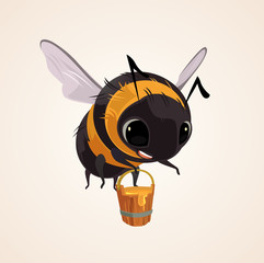 Happy smiling flying bee character mascot hold wooden bucket full of honey. Vector flat cartoon illustration