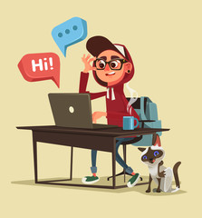 Teen happy smiling boy character talking and chatting on network. Vector flat cartoon illustration