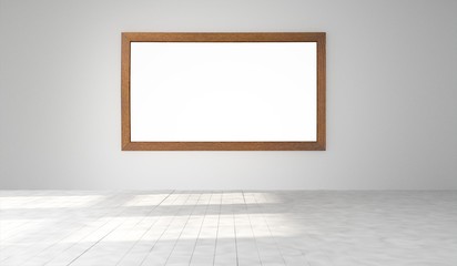 Interior empty room with large empty picture frame on white wall. Mock-up template for display, products, title or logo. Studio or blank office space. 3d illustration