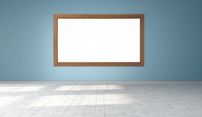 Interior empty room with large empty picture frame on blue wall. Mock-up template for display, products, title or logo. Studio or blank office space. 3d illustration