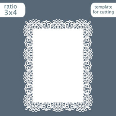 Laser cut wedding invitation card template with openwork border.  Cut out the paper card with lace pattern.  Greeting card template for cutting plotter. Vector.