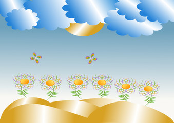 Flowers with clouds and sun