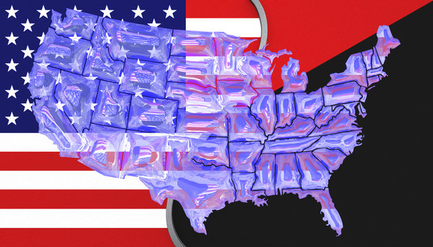 3D illustration. USA flag and an Antifa flag with a see through map of America on top