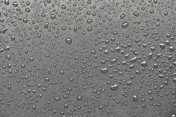 Drops of water on a black surface. The condensate. Top view. Free space.