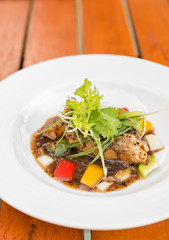 fried sea bass fillet black pepper sauce