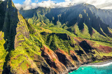 Hawaii travel Na Pali coast Kauai nature landscape. Helicopter aerial view of Na Pali coastline...