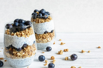 blueberry yogurt parfait with granola, oats and chia seeds