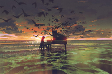 digital art of the man playing piano among crowd of birds on the beach at sunset, illustration painting © grandfailure