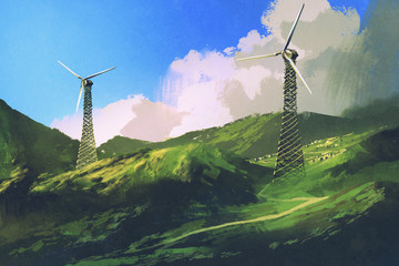art numérique du paysage avec des éoliennes sur la montagne verte, peinture d& 39 illustration