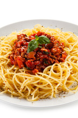 Pasta with meat, tomato sauce and vegetables 