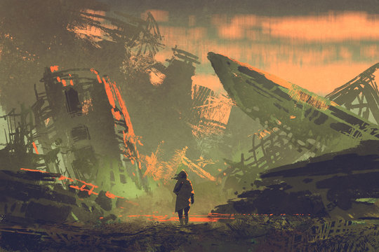 scene of the man walking out from ruined planes at sunset with digital art style, illustration painting
