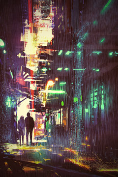sci-fi concept of couple walking in alley at rainy night with digital art style, illustration painting