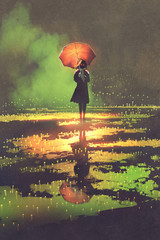 Naklejka premium dark fantasy concept of mysterious woman holds umbrella standing in a puddle, illustration digital painting