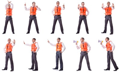 Obraz premium Businessman with rescue safety vest on white