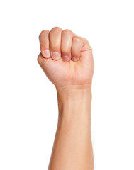 Obraz premium Adult man hand sign - punch strong fist gesture, isolated on white background. 