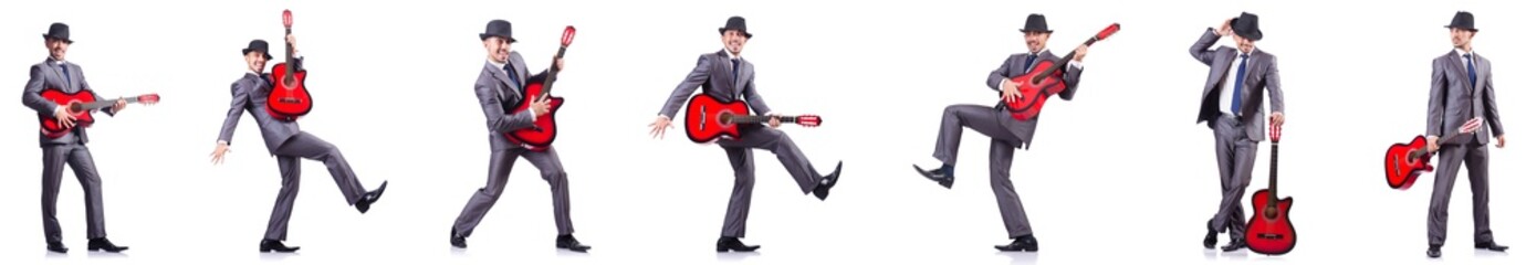 Naklejka premium Businessman quitar player isolated on white