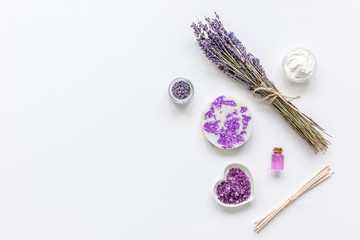 natural herb cosmetic with lavender flatlay on white background top view mockup