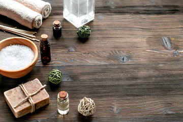 Aromatherapy SPA set with salt and natural oil wooden background mock up