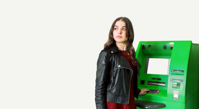 Girl Stand Near Atm Isolated On White Background.