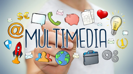 Businessman drawing hand-drawn multimedia technology presentation