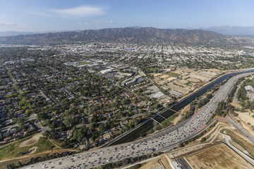 Aerial view of the Ventura 134 freeway, Los Angeles River and the San Fernando Valley in Southern California.  
