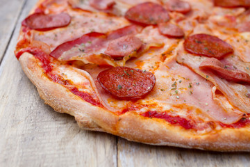 pizza with meatballs and bacon