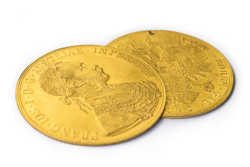 Close-up view in perspective of two on one another Austria-Hungary thalers, avers and revers of...