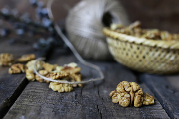 peeled walnut on a wooden background