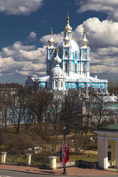 Saint-Petersburg. Russia. View from high point at the road. Orhtodox cathedral.Square of proletarian dictatorship. Victory day decorations at the street.