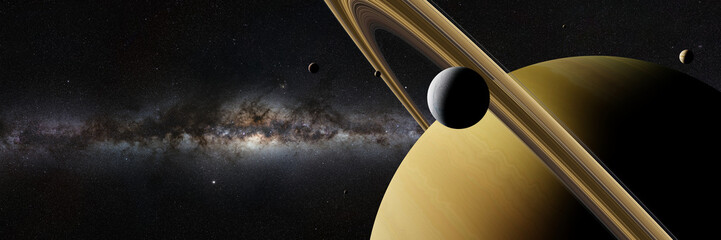 Saturn moon Enceladus in front of planet Saturn, rings, other moons and the Milky Way galaxy © dottedyeti