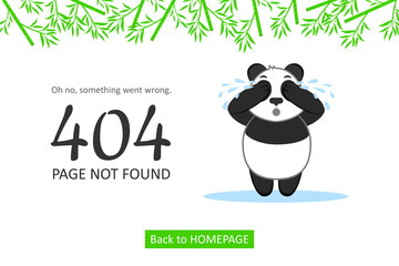 Page Not Found Error 404. Cute vector layout template of a crying panda for your website projects. 