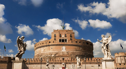 Castel Sant'Angelo (Castle of the Holy Angel) with clouds and baroque statues in Rome