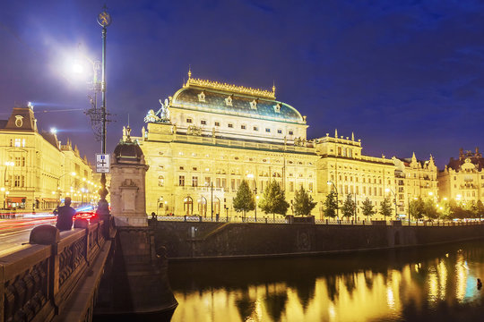 Night view of the National Theater in Prague, Czech Republic