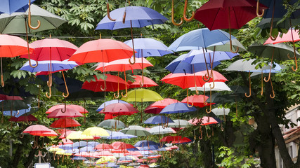 Colorful umbrellas decoration background on walkway. Street decoration