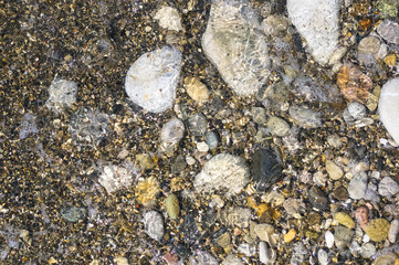 sea pebble beach with multicoloured stones, waves with foam