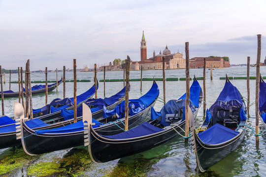 Gondolas on the embankment in Venice