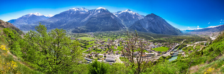 Leuk town near Leukerbad with Swiss Alps, Kanton Wallis, Switzerland. - obrazy, fototapety, plakaty