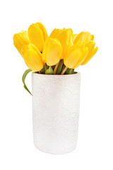 Yellow tulips bouquet in old white vase. Isolated over white background 