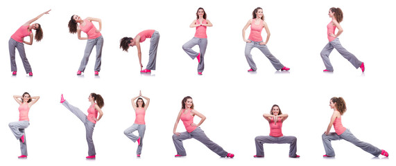 Young female doing exercises on white