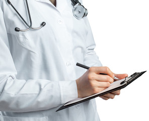 female doctor in uniform holding clipboard