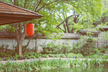 Fototapeta na wymiar a red Japanese lantern hanging on the wooded roof with green trees background, filtered tones
