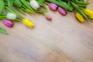 colorful tulips on wooden background