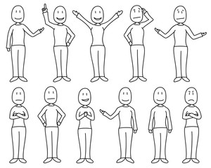 Figures in poses depicting various moods and emotions in a hand drawn cartoon style. Figures are individually isolated and white filled. Female character set.