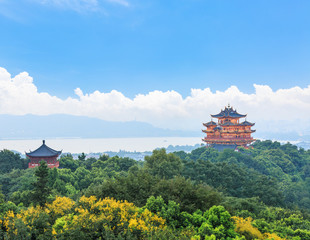 Fototapeta na wymiar Beautiful Hangzhou West Lake and ancient pavilion architectural scenery