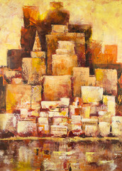 Golden City - Abstract cityscape painting in orange and yellow colors.