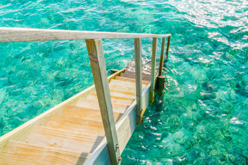 Fototapeta na wymiar Wood stair into the sea of tropical Maldives island .