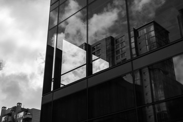 Modern Building Black and White Glass Architecture Clouds Wall Detail