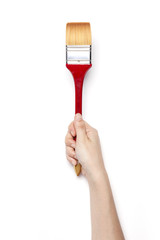 woman hand hold a red brush isolated white